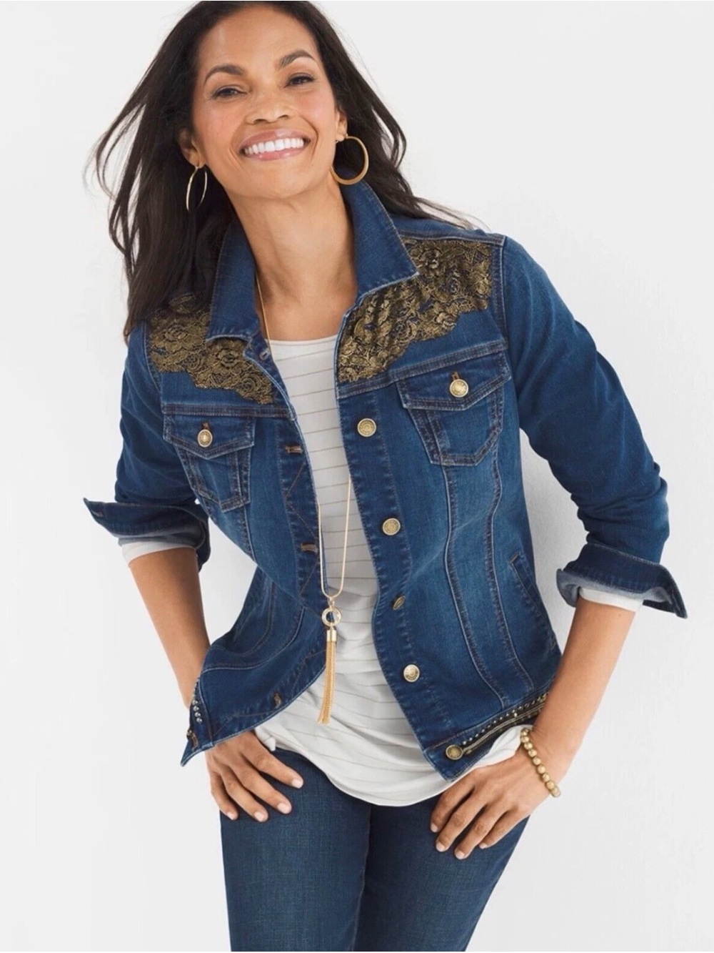 CHICO’S Embellished Denim Jacket Gold Lace Sequin Studded Size 3 Women’s XL